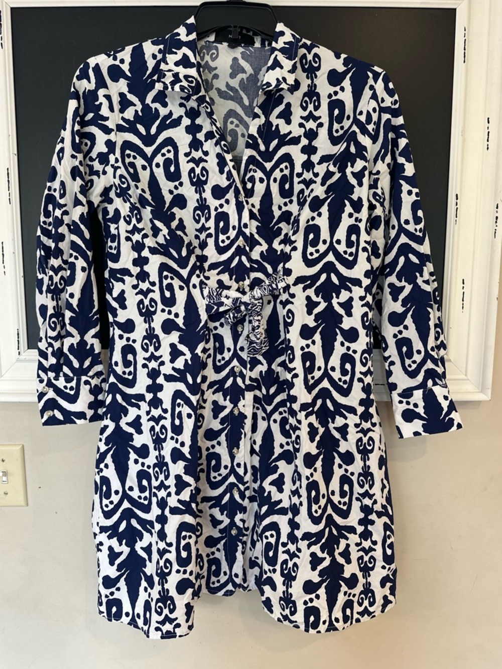 Next Navy & White Ink Blot Print Cotton Poplin Tie-Front Mini Shirt Dress Sz. 8